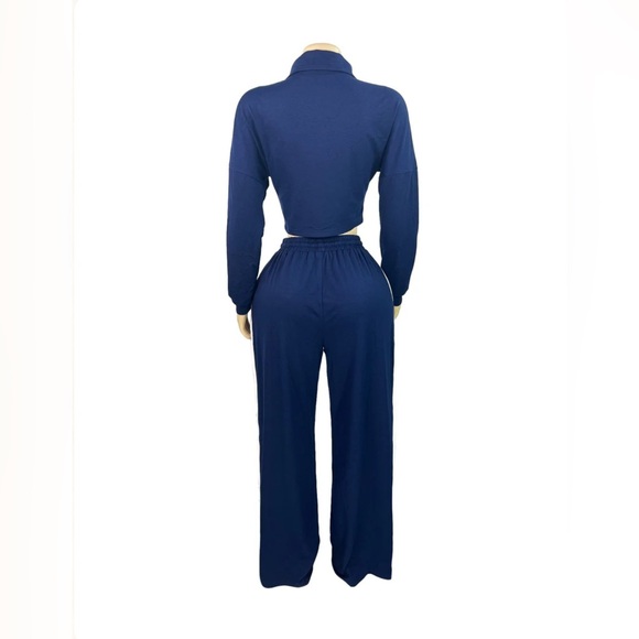 Retro collar jacket and fitted wide leg jogger pants (blue) - Picture 5 of 8